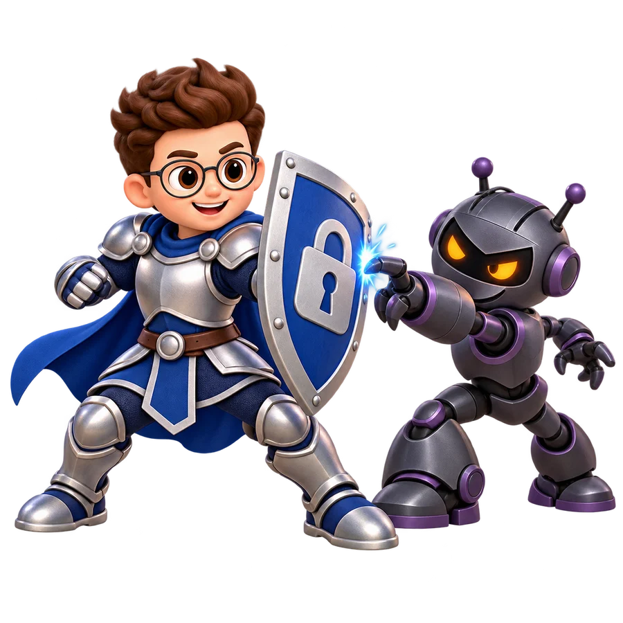 Marcé con su escudo junto a un robot